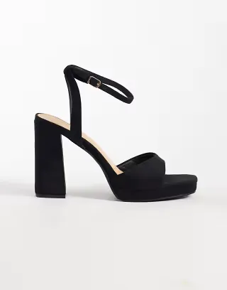SEQWL Wide Fit faux suede platform block heeled sandal in black