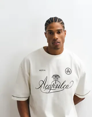 ASOS DESIGN heavyweight boxy oversized T-shirt with stitch detailing and soccer graphic in cream