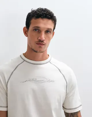 ASOS DESIGN heavyweight boxy regular fit raglan T-shirt with print in cream