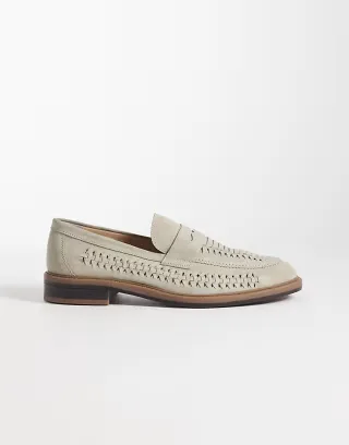 ASOS DESIGN woven penny loafers in stone suede