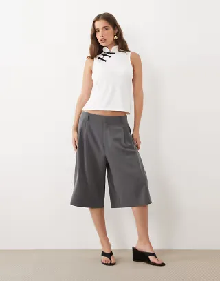 ASOS DESIGN cap sleeve mandarin top in cream with black ties