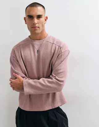 ASOS DESIGN super heavyweight boxy oversized long sleeve t-shirt in pink waffle