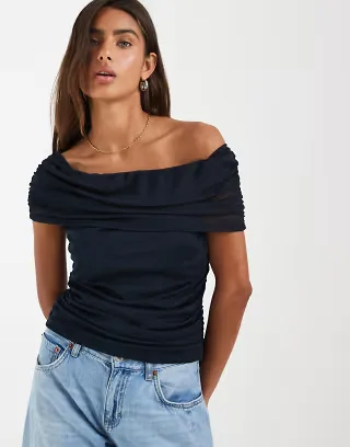 Object ruched mesh off the shoulder top in navy
