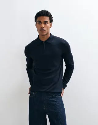 Brave Soul knitted 1/4 zip sweater with polo placket in navy