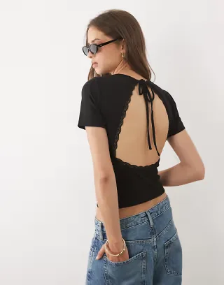 ASOS DESIGN backless lace baby T-shirt in black