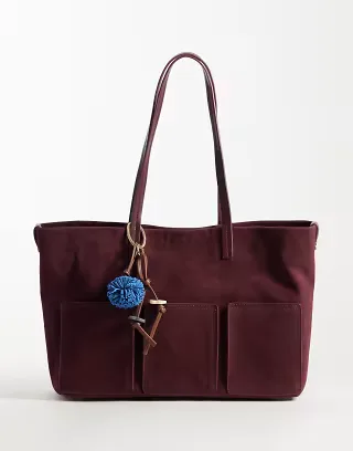 ASOS DESIGN faux suede pocket tote bag in burgundy