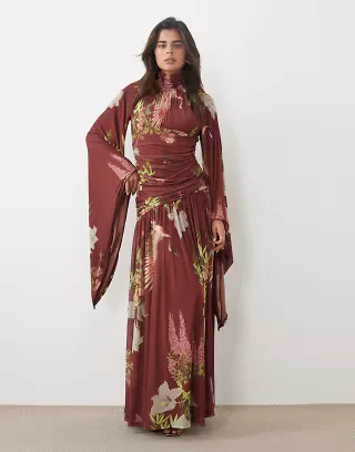 ASOS DESIGN printed mesh high neck modesty maxi dress with waterfall sleeve detail in red floral