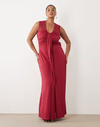 TFNC Plus slinky v-neck ruched front sleeveless maxi dress in raspberry