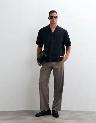 ASOS DESIGN oversized camp collar shirt with placket detail in black