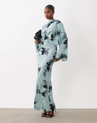 ASOS DESIGN long sleeve tucked waist bias maxi dress in blue blurred floral print