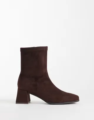 London Rebel Tabitha faux suede block heeled knee boots in chocolate