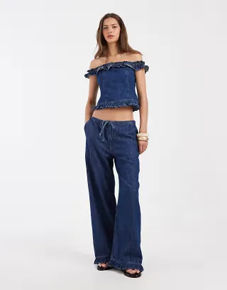 ASOS DESIGN pull-on jeans with ruffle in mid blue - part of a set