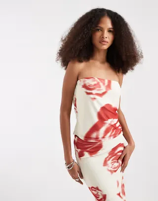 JJXX mesh bandeau top with flower print in off white and red
