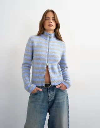 Topshop knit zip up cardigan in gray and blue stripe