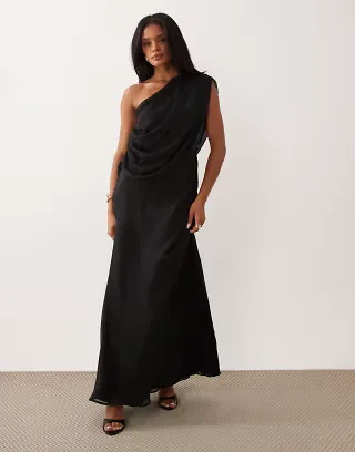 ASOS DESIGN chiffon draped shoulder maxi dress with cowl back detail in black