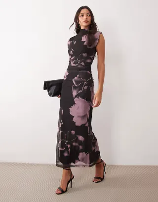 ASOS DESIGN printed mesh high neck detail maxi dress with shoulder pads in purple floral
