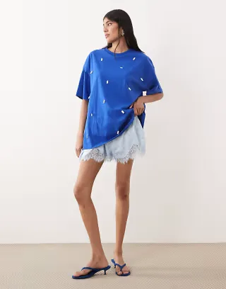 Sister Jane Unisex Nerina embellished fish detail short sleeve T-shirt in cobalt blue