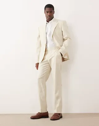 ASOS DESIGN 100% cotton linen look slim suit pants in beige