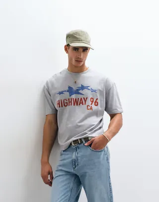 ASOS DESIGN boxy oversized T-shirt with text graphic in gray heather