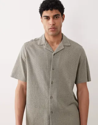 ASOS DESIGN relaxed camp collar open textured shirt in sage green