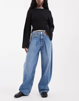 JJXX Sacai baggy barrel pleated jeans in mid wash
