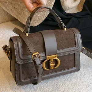Women Vintage Croc Embossed Suede Handbag Antique Metal Lock Flap Crossbody Bag PU Leather Splicing Top Handle Small Sho