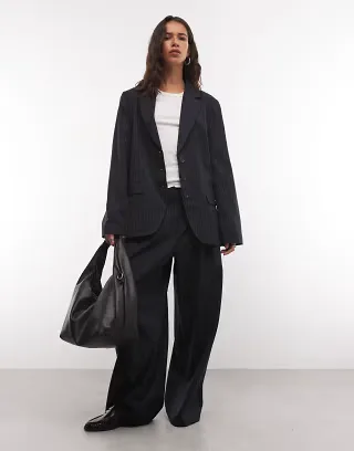 COLLUSION oversized blazer & wide leg pants set in navy pinstripes