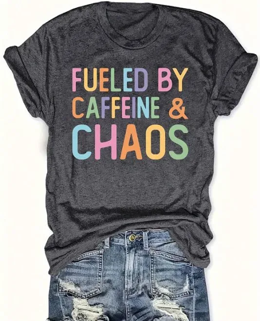SHEIN Plus Size Dark Grey Graphic T-Shirt Women's Clothing Tops T-Shirts Letter Print Round Neck Short Sleeve Regular Fi