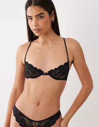 ASOS DESIGN Ruby lace underwire bra with front closure and cross back detail in black