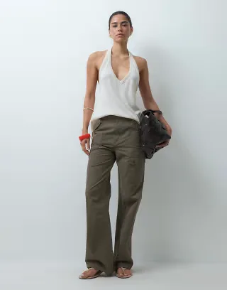 ASOS DESIGN peached cargo pants with pocket detail in khaki