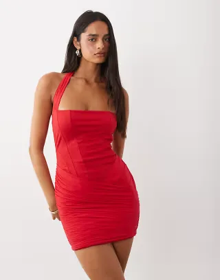 Oh Polly halter neck bodice ruched crossover skirt detail mini dress in red