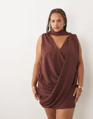 ASOS DESIGN Curve draped wrap front mini dress with scarf detail in chocolate