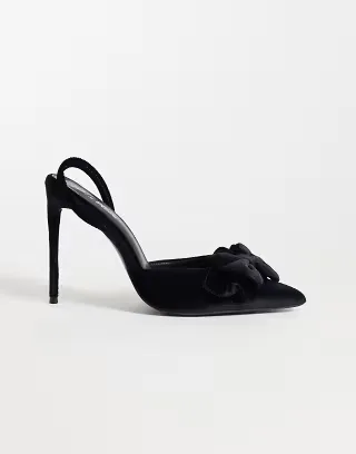 Public Desire Wide Fit Pepper slingback heeled shoes with bow in black velvet