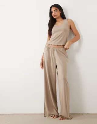 ASOS DESIGN pointelle v neck tank top & pants pajama set in oatmeal