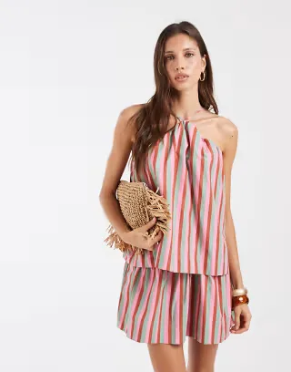 ASOS DESIGN linen blend double layer halter sundress in stripe