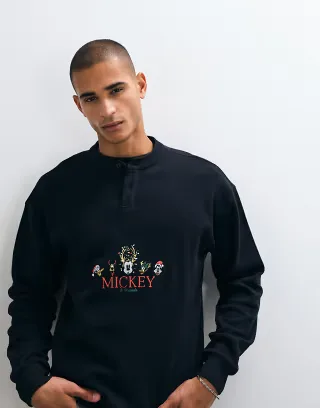 ASOS DESIGN Disney boxy oversized waffle henley with Christmas Mickey Mouse print in Asphalt