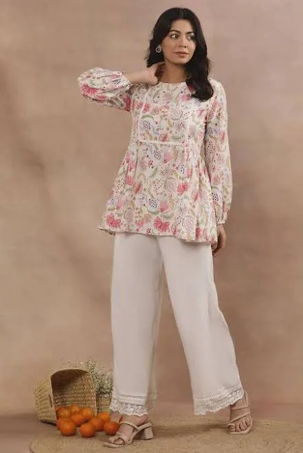 White Floral Printed Pure Cotton Top And Parallel Pants Set - S