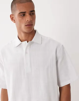ASOS DESIGN boxy linen look rugby top in white