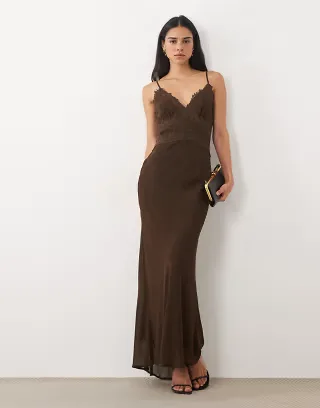 Rare London cami lace trim chiffon maxi dress in chocolate
