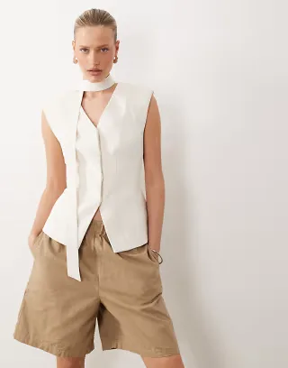 ASOS DESIGN Tailored longline molded hip vest with scarf detail in cream