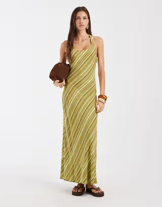 ASOS DESIGN linen look scoop neck maxi dress in green striped print