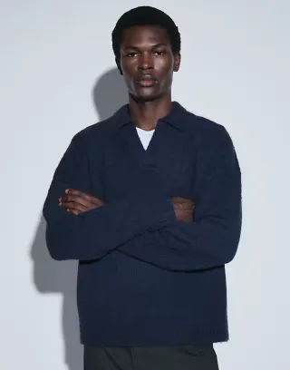 ASOS DESIGN relaxed knitted exposed seam notch neck sweater in light navy