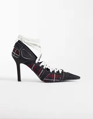 Azalea Wang Firestring sporty court heeled shoes with laces in denim and plaid