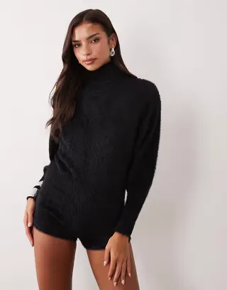 Aria Cove textured fluffy roll neck romper in black