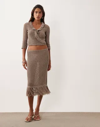 ASOS DESIGN crochet knit fringe ruffle midi skirt in mocha - part of a set