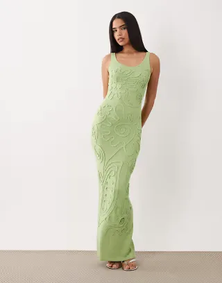 Wanderdoll Sunnie knit abstract detail tie back maxi dress in sage
