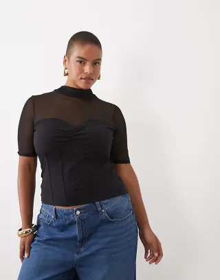 ASOS DESIGN Curve cotton mesh mix high neck short sleeve top with bust detail in black