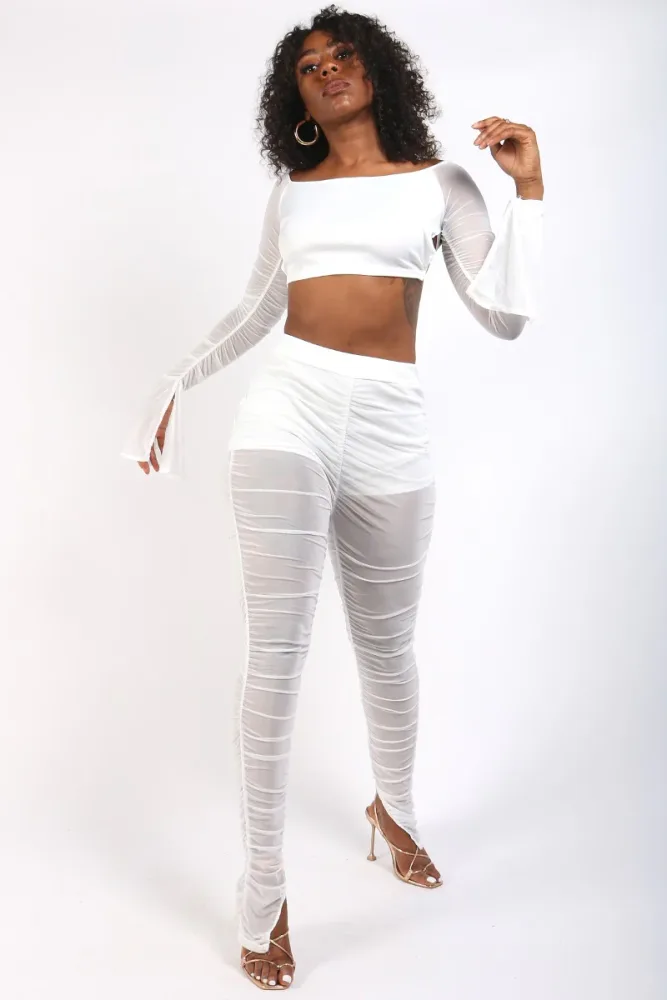 TIE BACK RUCHED SLEEVE CROP TOP AND PANT SET