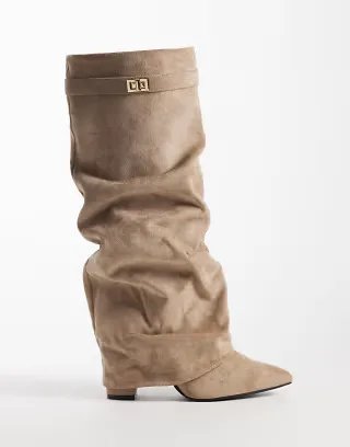 SEQWL Ranger faux suede fold over knee boots in taupe
