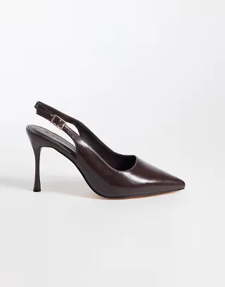 SEQWL Wide Fit slingback pointed toe stiletto heel pumps in brown faux leather